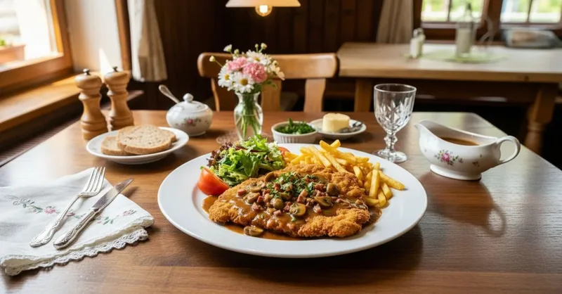 Jägerschnitzel mit Pommes